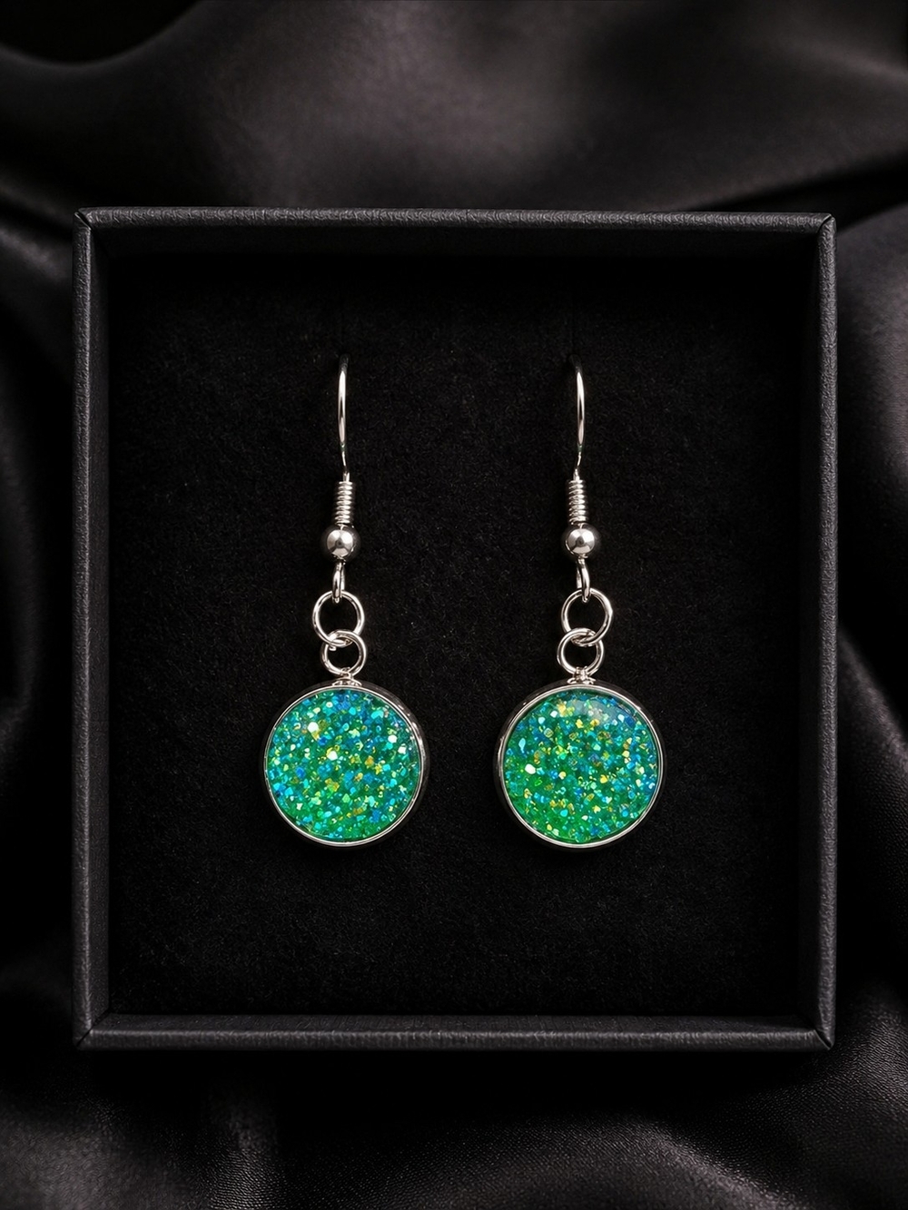 Silver Drop Earrings with Green Iridescent Glitter Discs